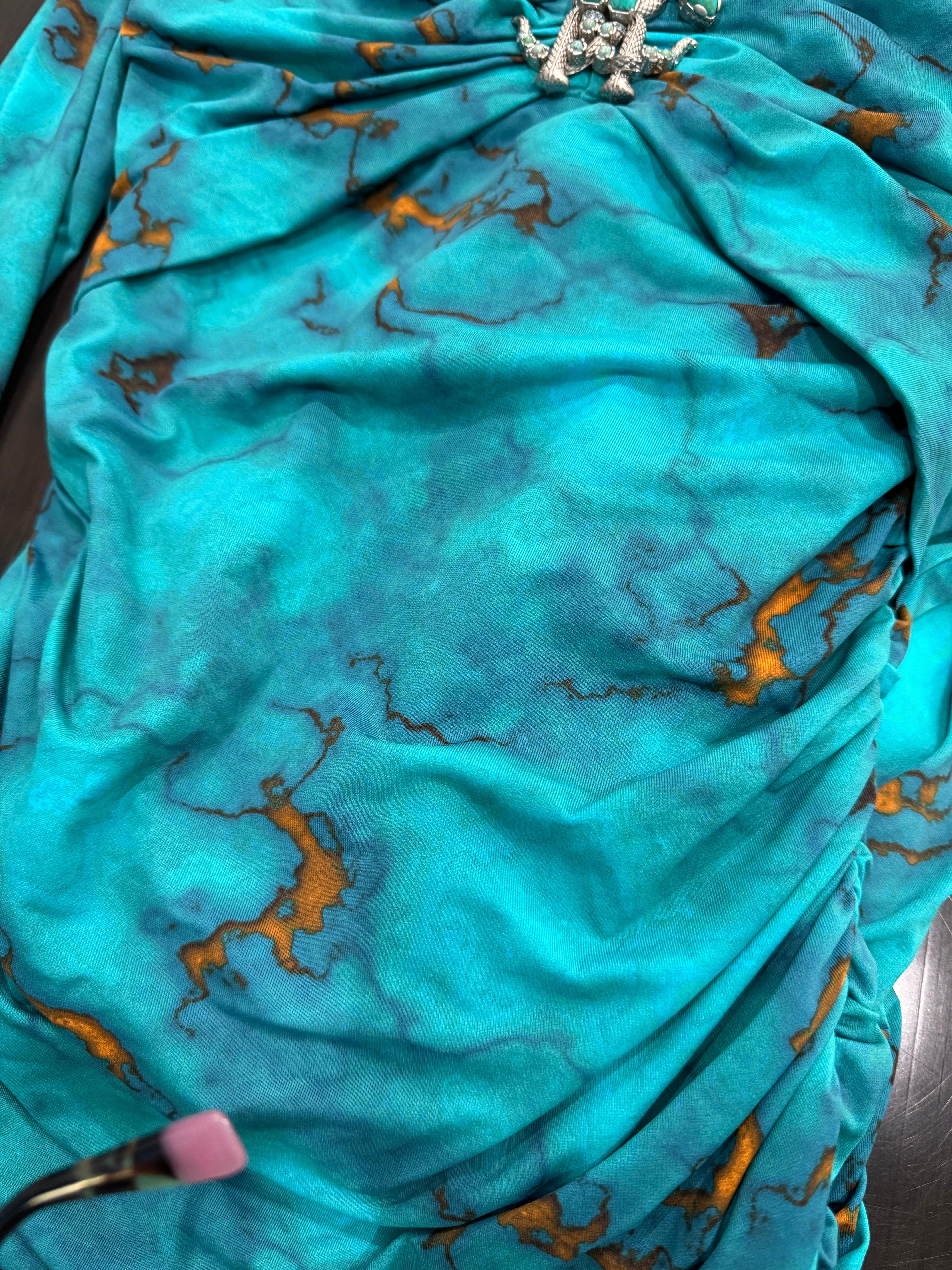 Roberto Cavalli Marble Print Turquoise Bodycon Midi Dress-Size 40 NWT 2024 For Sale 5