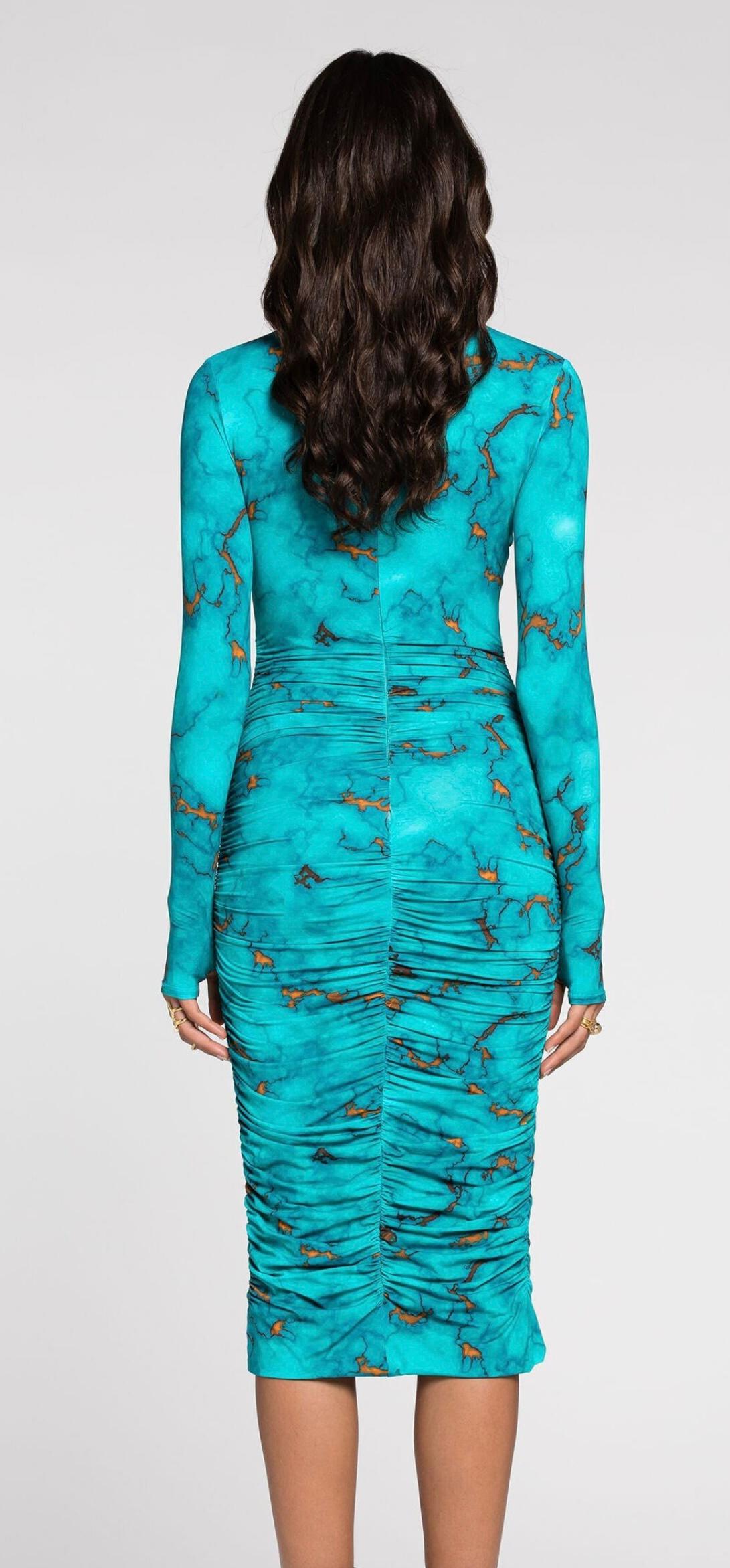 Blue Roberto Cavalli Marble Print Turquoise Bodycon Midi Dress-Size 40 NWT 2024 For Sale