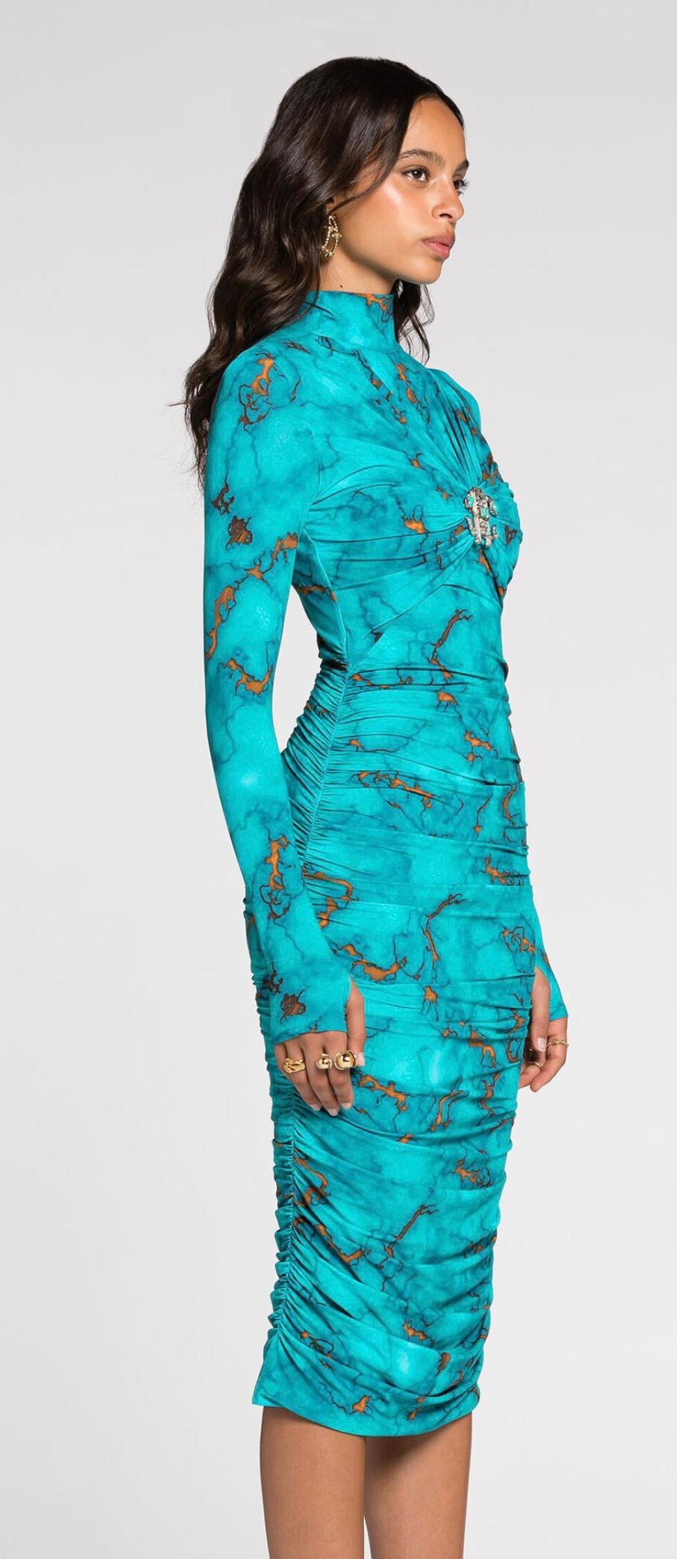 Roberto Cavalli Marble Print Turquoise Bodycon Midi Dress-Size 40 NWT 2024 In New Condition For Sale In West Palm Beach, FL