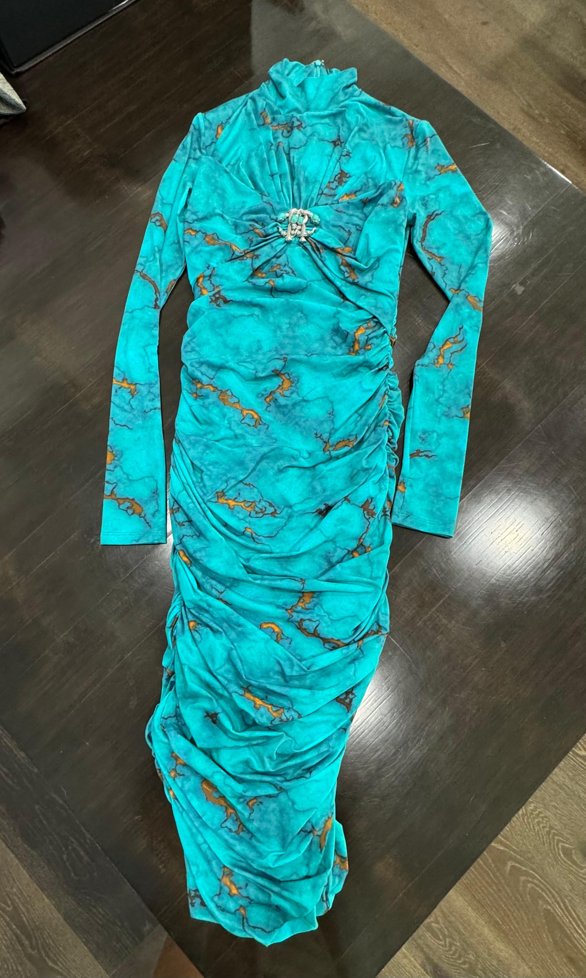 Women's or Men's Roberto Cavalli Marble Print Turquoise Bodycon Midi Dress-Size 40 NWT 2024 For Sale