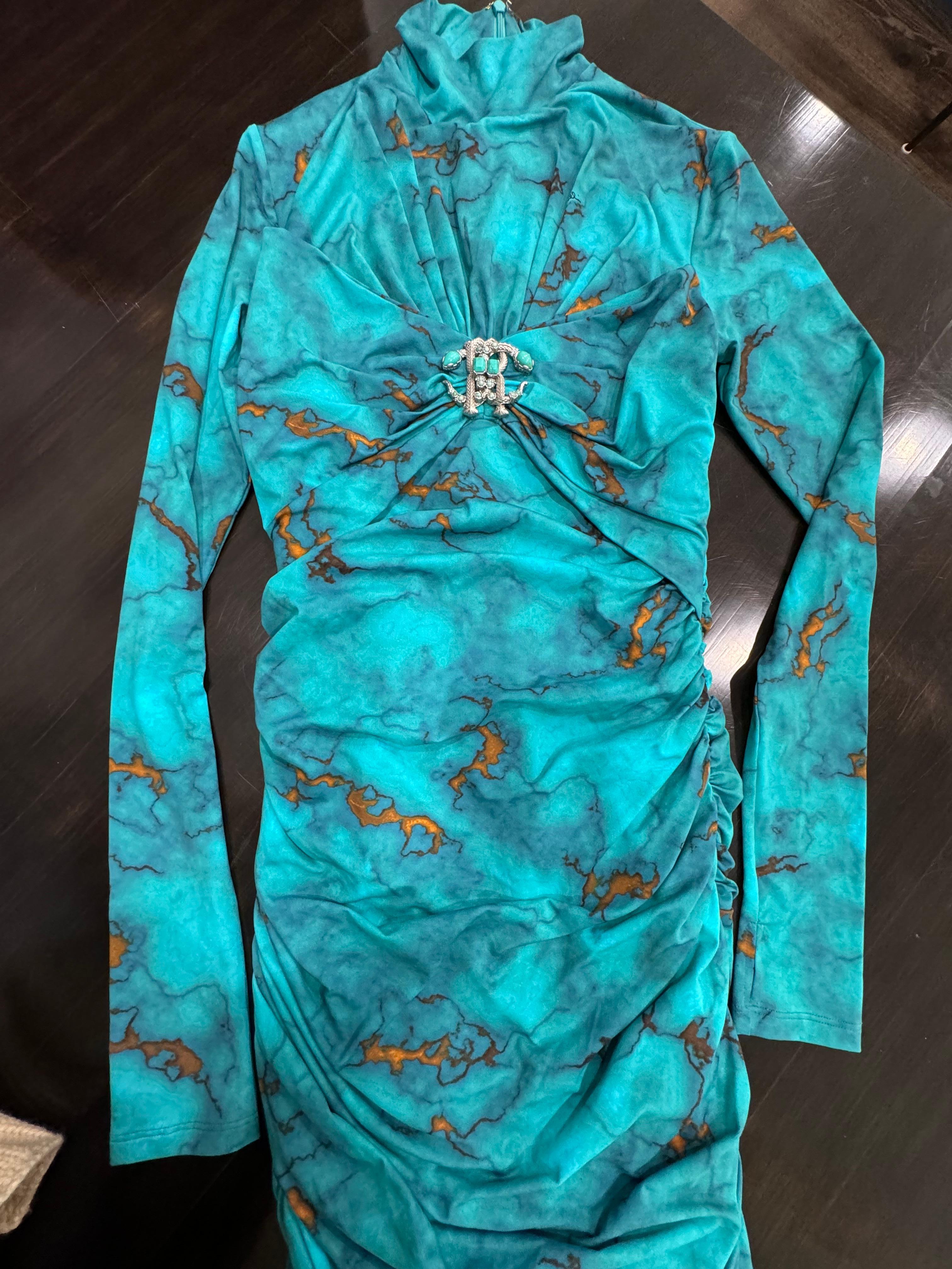 Roberto Cavalli Marble Print Turquoise Bodycon Midi Dress-Size 40 NWT 2024 For Sale 1