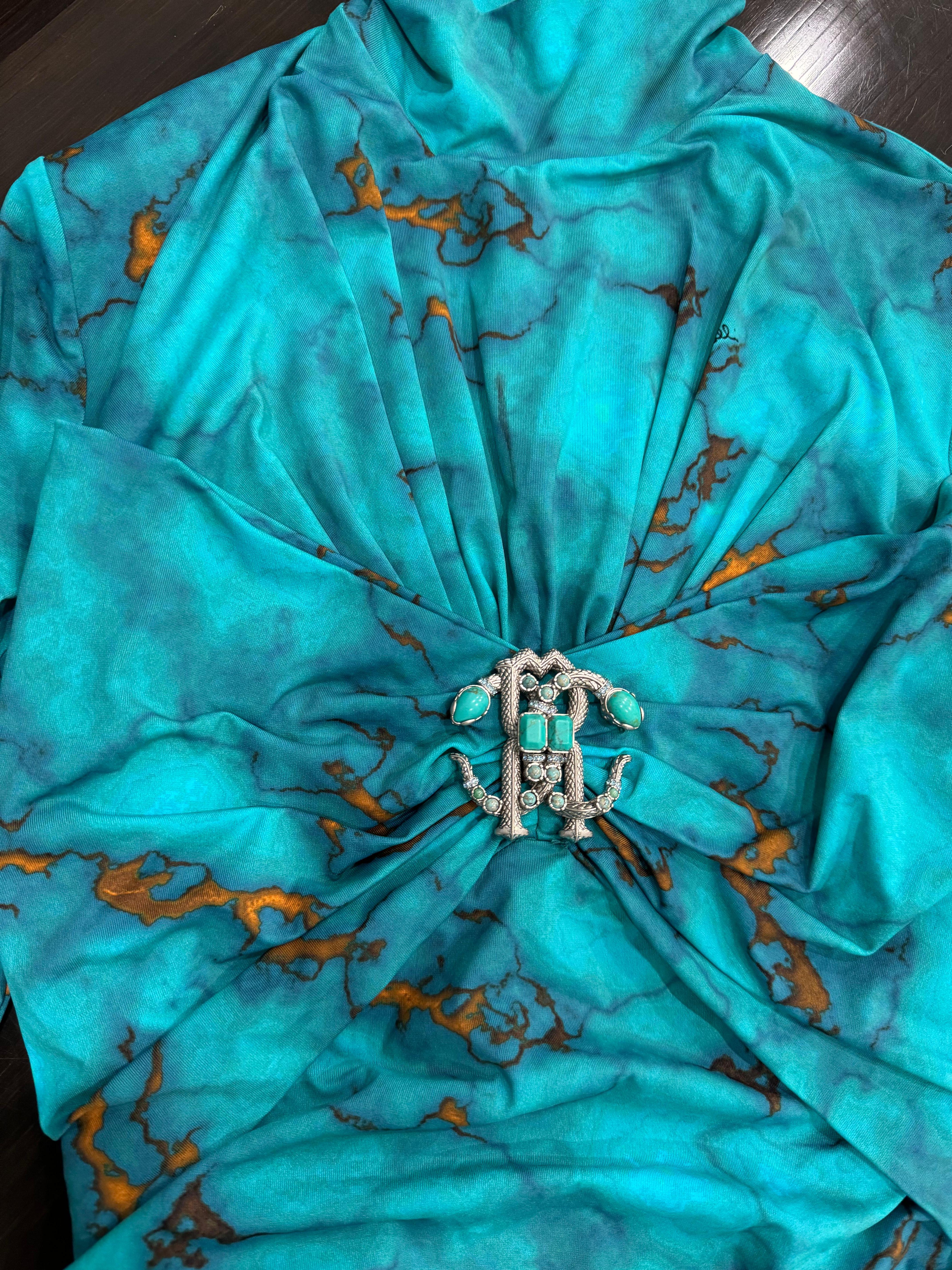 Roberto Cavalli Marble Print Turquoise Bodycon Midi Dress-Size 40 NWT 2024 For Sale 2