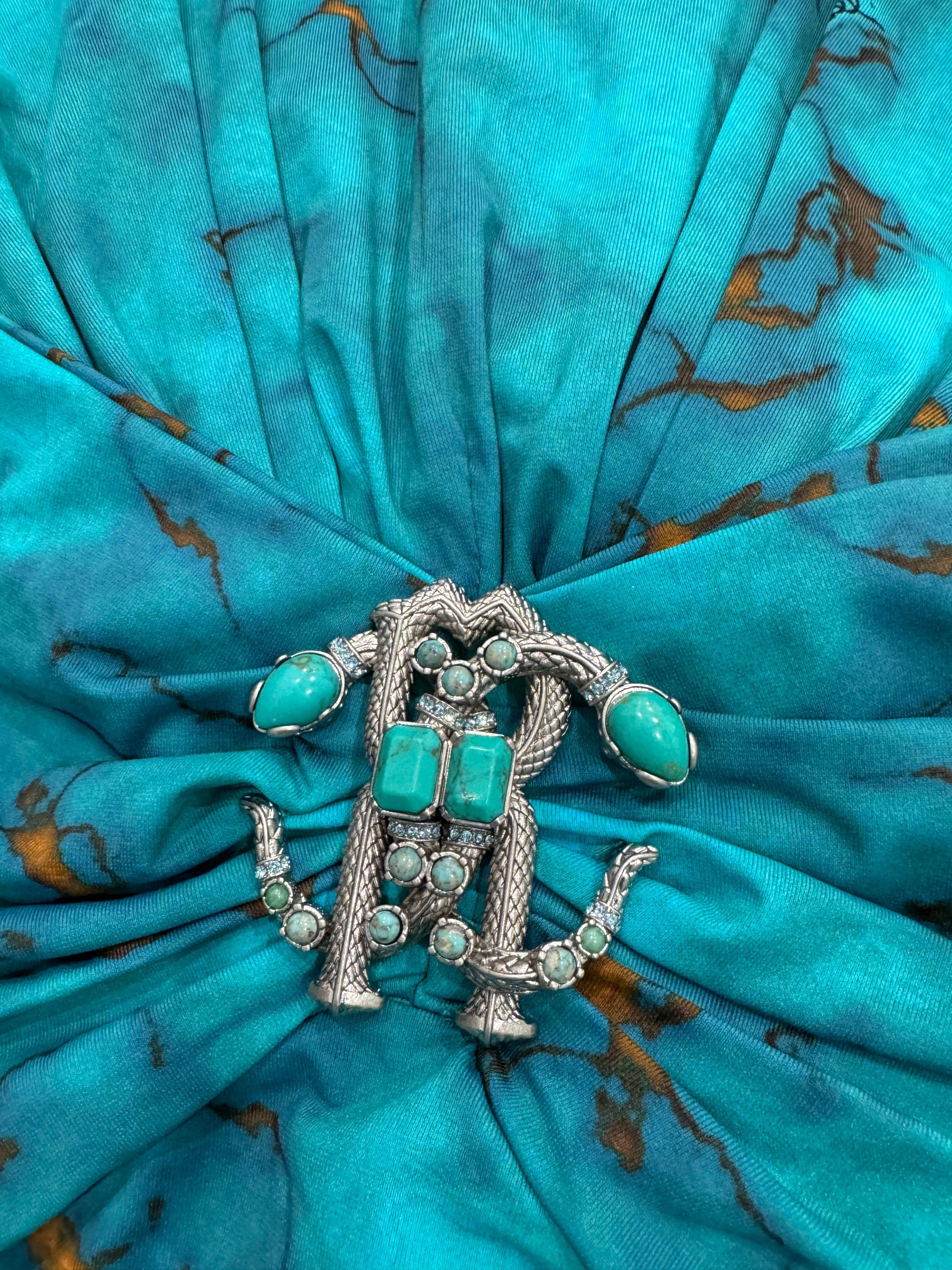 Roberto Cavalli Marble Print Turquoise Bodycon Midi Dress-Size 40 NWT 2024 For Sale 4
