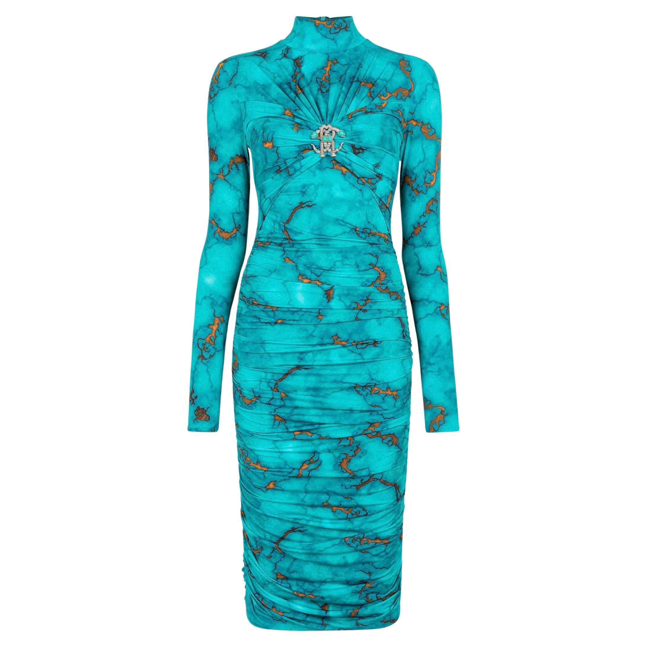 Roberto Cavalli Marble Print Turquoise Bodycon Midi Dress-Size 40 NWT 2024 For Sale