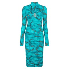 Roberto Cavalli Marble Print Turquoise Bodycon Midi Dress-Size 40 NWT 2024