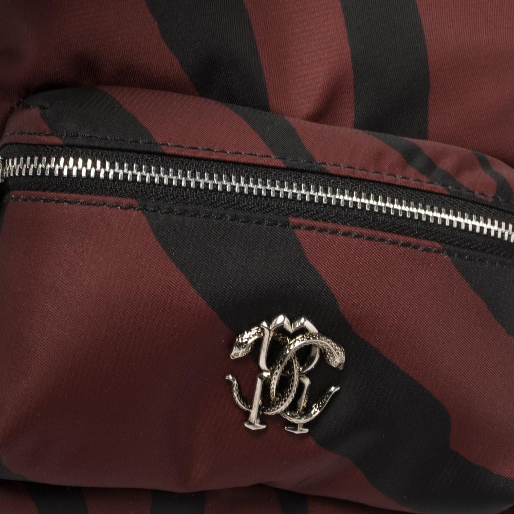 Roberto Cavalli Maroon/Black Zebra Print Fabric and Leather Mini Backpack In New Condition In Dubai, Al Qouz 2