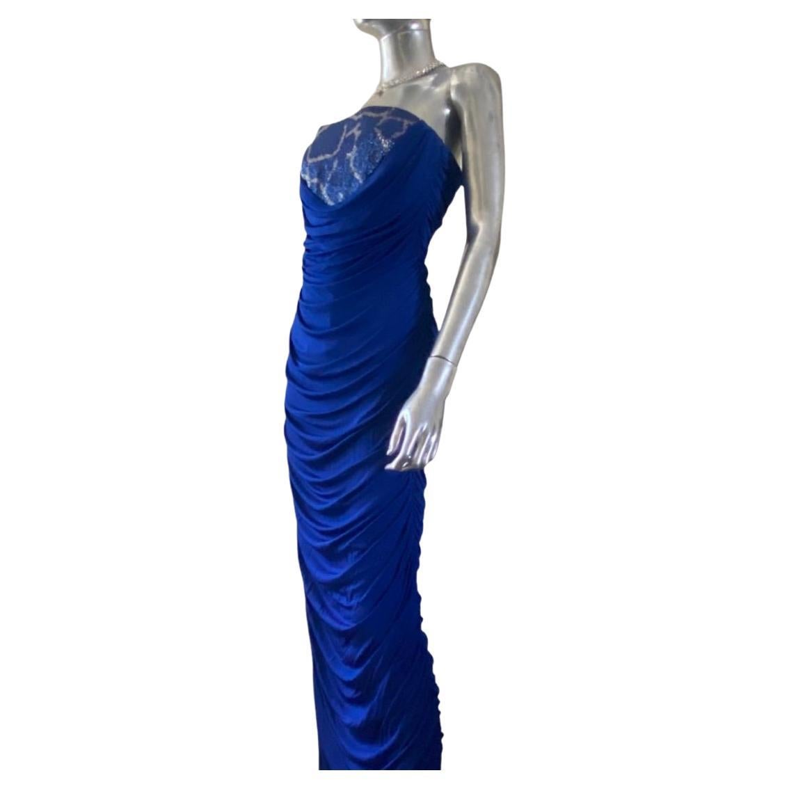 Roberto Cavalli “Mary J Blidge” Royal Blue Draped Jersey Beaded Dress Size 6 For Sale
