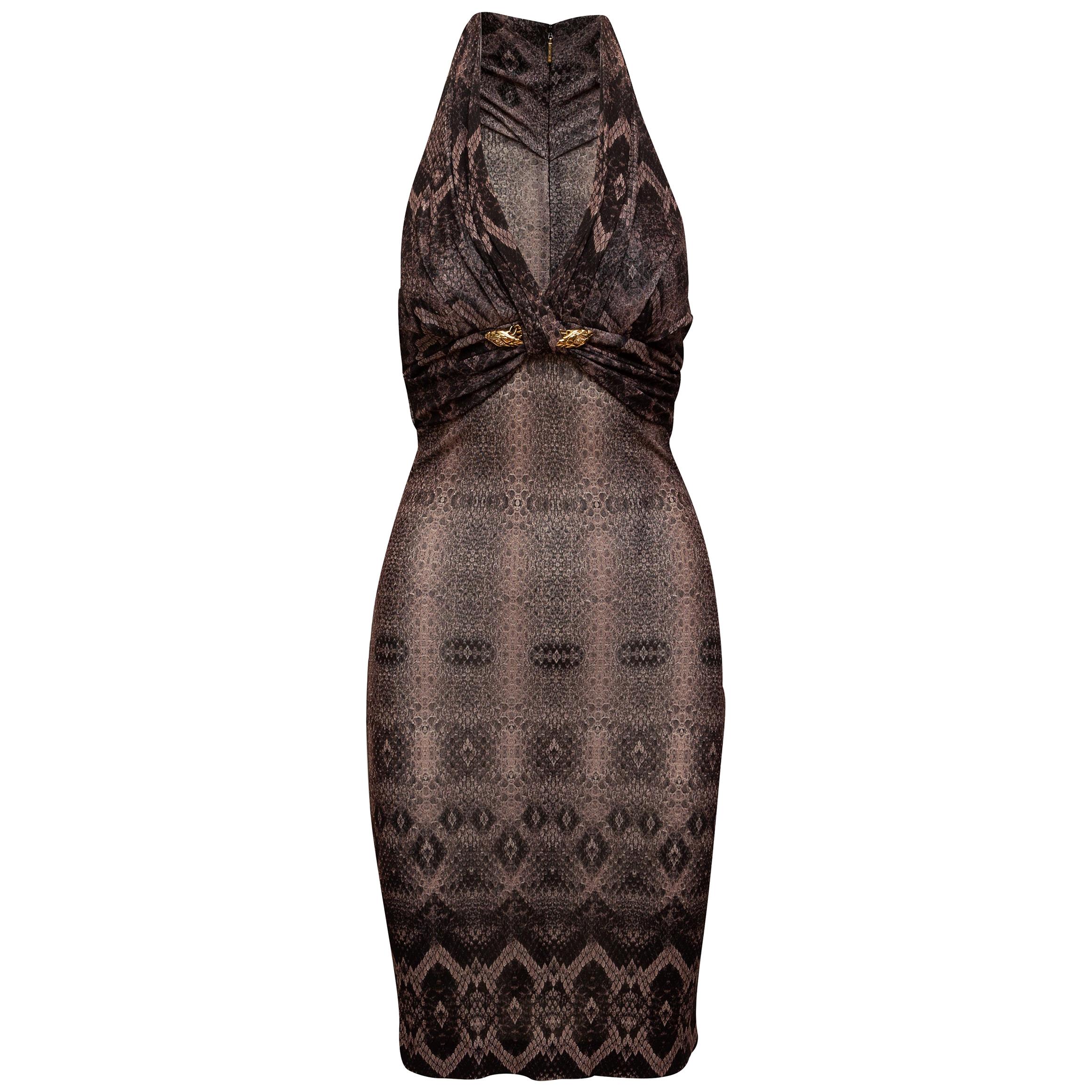 Roberto Cavalli Mauve 
Black Snakeskin Print Halter Dress