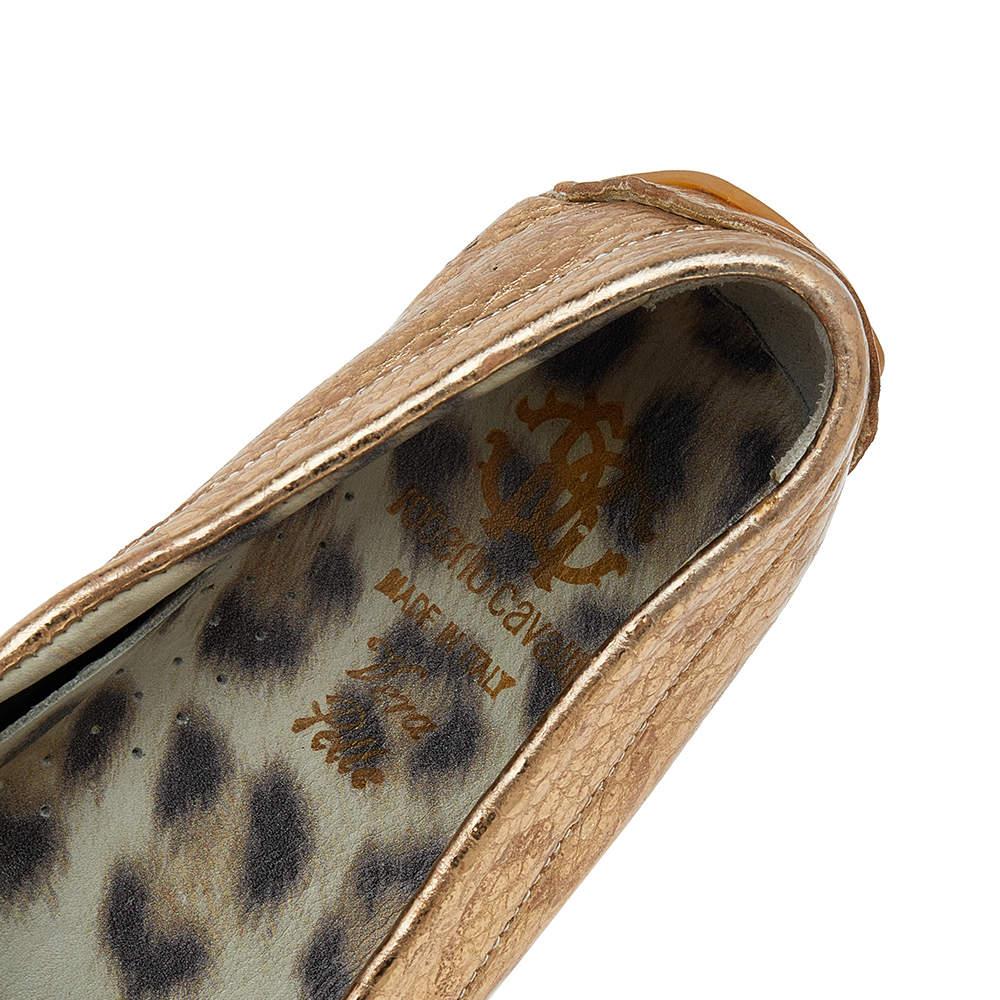 Roberto Cavalli Metallic Gold Iridescent Effect Leather Embellished Slip On Loaf For Sale 2