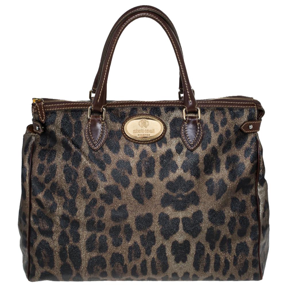 Roberto Cavalli Metallic Green/Brown Leopard Print Coated Canvas and Leather Zip