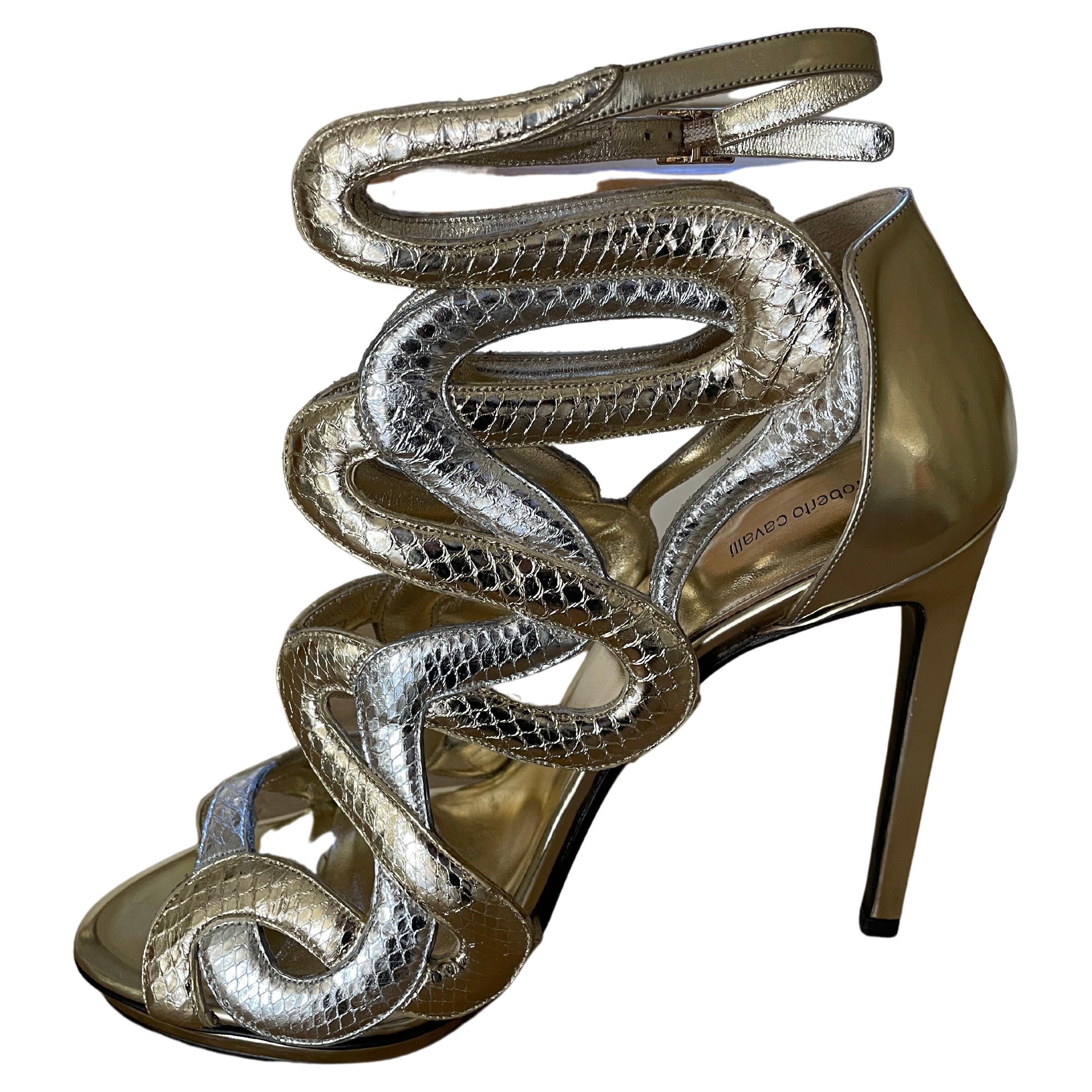 Roberto Cavalli Metallic Leather Python Sandal Pumps 5" Heel New in Box  Size 40 For Sale at 1stDibs
