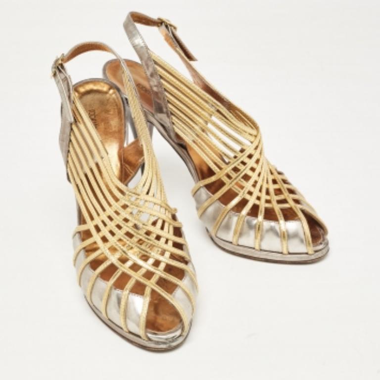 Roberto Cavalli - Sandales à lanières en cuir métallisé, taille  40 en vente 1