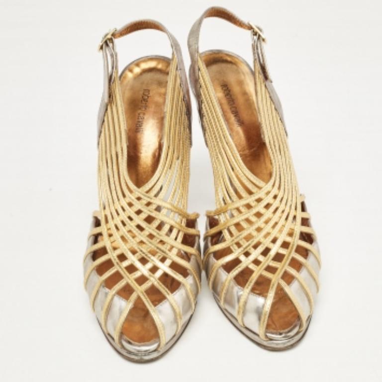 Roberto Cavalli - Sandales à lanières en cuir métallisé, taille  40 en vente 2