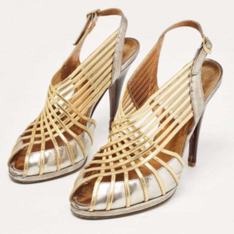 Roberto Cavalli - Sandales à lanières en cuir métallisé, taille  40 en vente 3