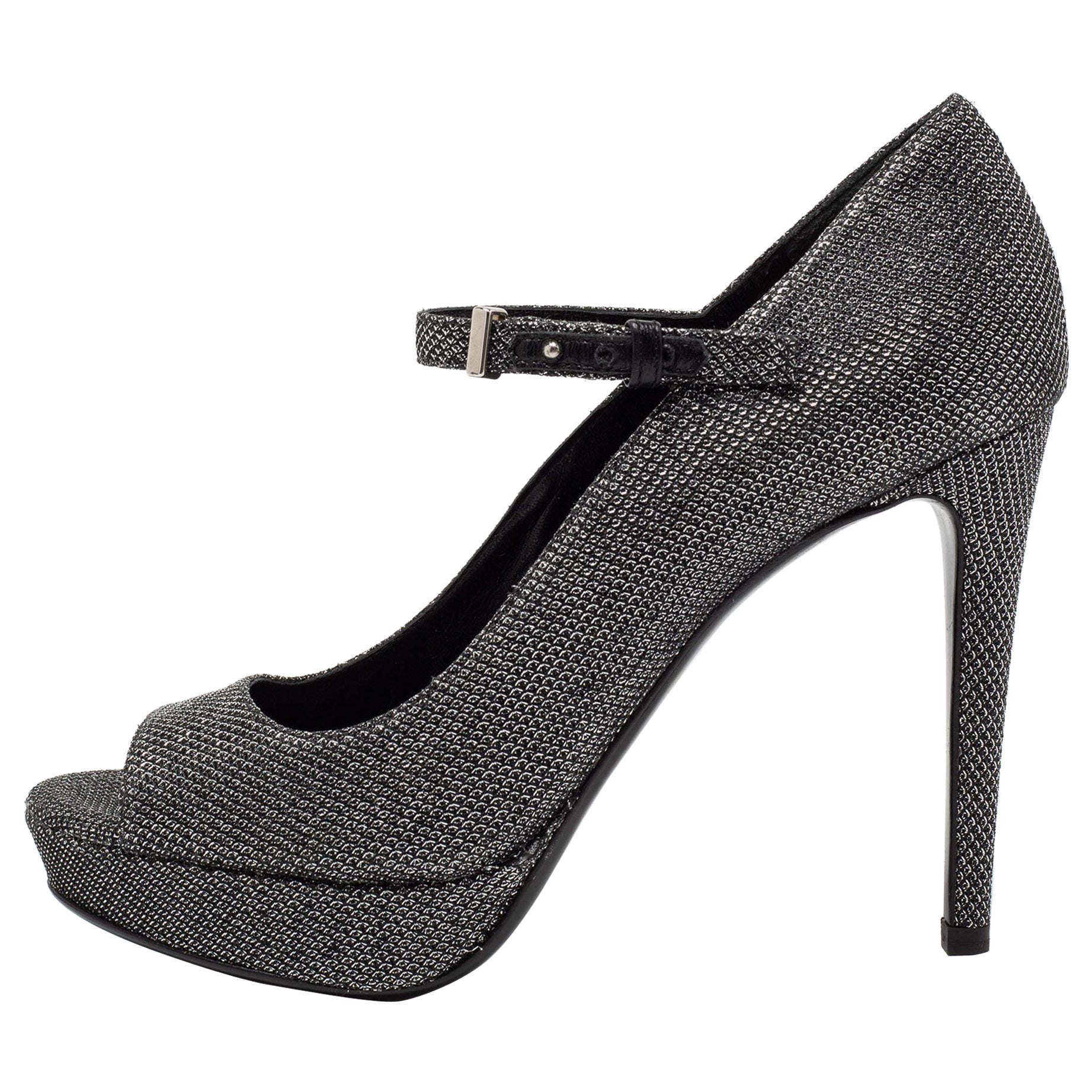 Roberto Cavalli Metallic Silver/Black Glitter Peep Toe Platform Pumps Size 36.5