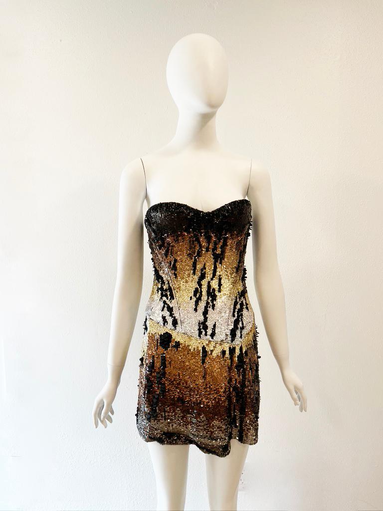 Beige Roberto Cavalli Micro Mini Sequin Strapless Dress