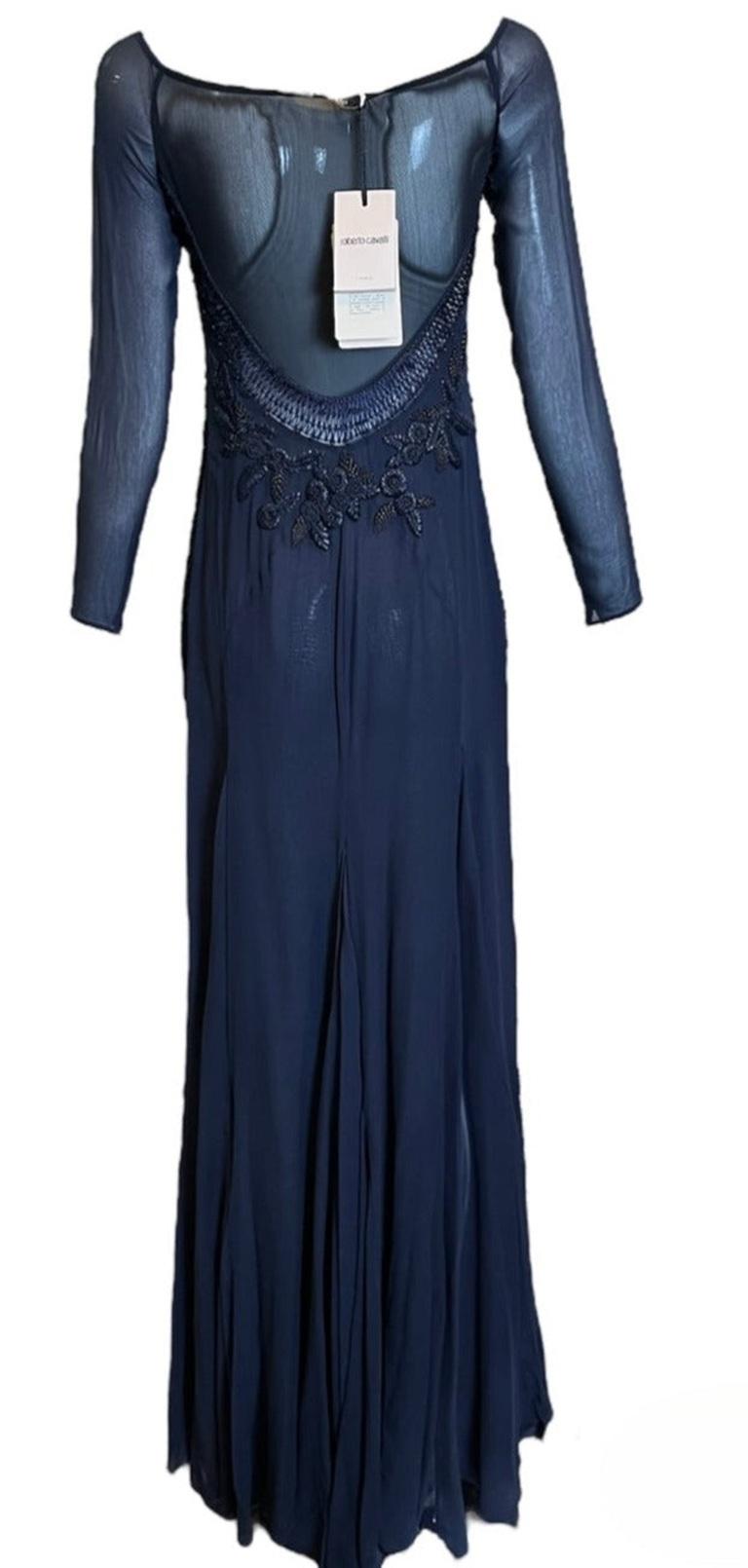 Noir Robe en maille et mousseline bleu nuit de Roberto Cavalli, années 2000 en vente