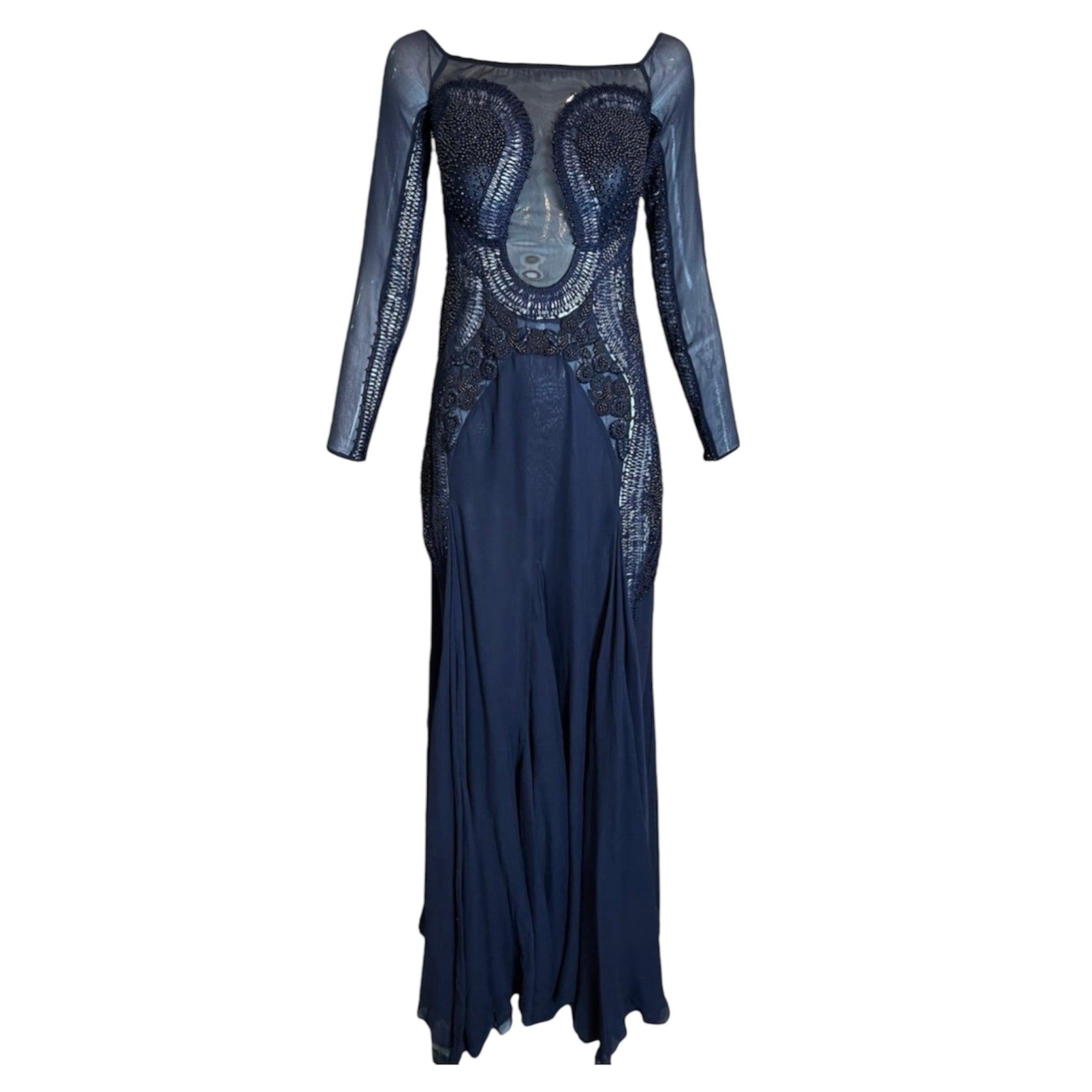 Robe en maille et mousseline bleu nuit de Roberto Cavalli, années 2000 en vente