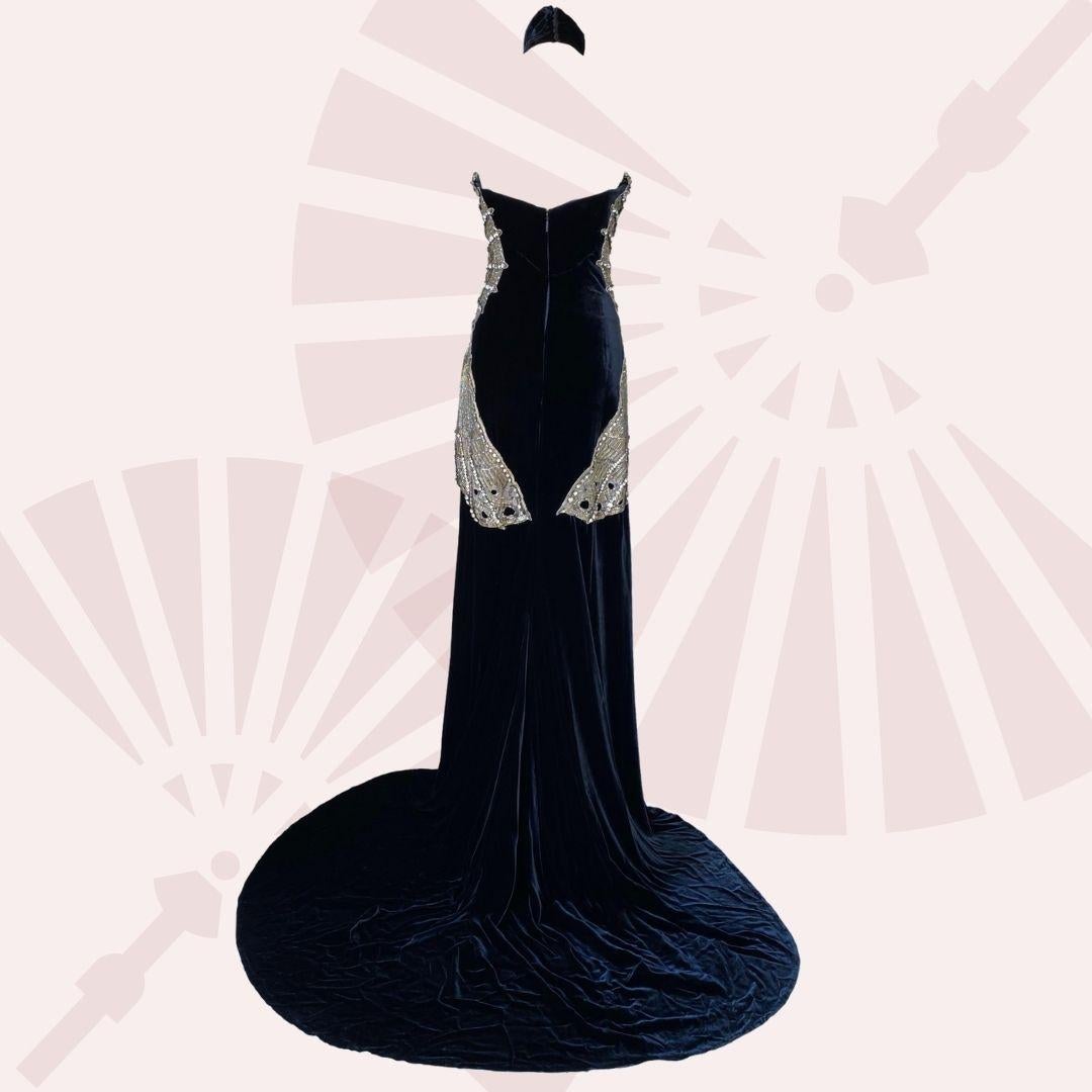 Black Roberto Cavalli Midnight Blue Velvet Swarovski Crystal Dress F/W 2006 Size 40IT