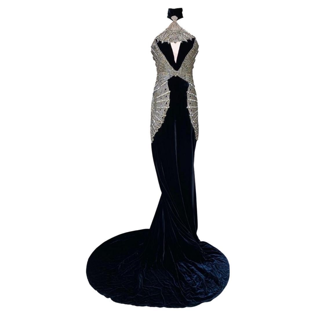 Roberto Cavalli Midnight Blue Velvet Swarovski Crystal Dress F/W 2006 Size 40IT