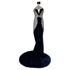 Roberto Cavalli Midnight Blue Velvet Swarovski Crystal Dress F/W 2006 Size 40IT