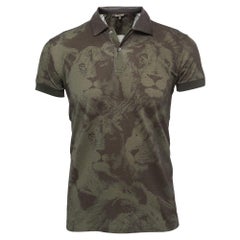 Roberto Cavalli Military Green Lion Print Cotton Leather Trimmed Polo T-Shirt S