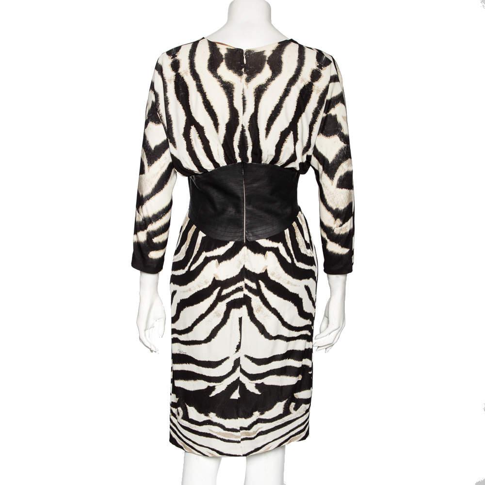 Black Roberto Cavalli Monochrome Printed Jersey & Leather Detailed Draped Dress S