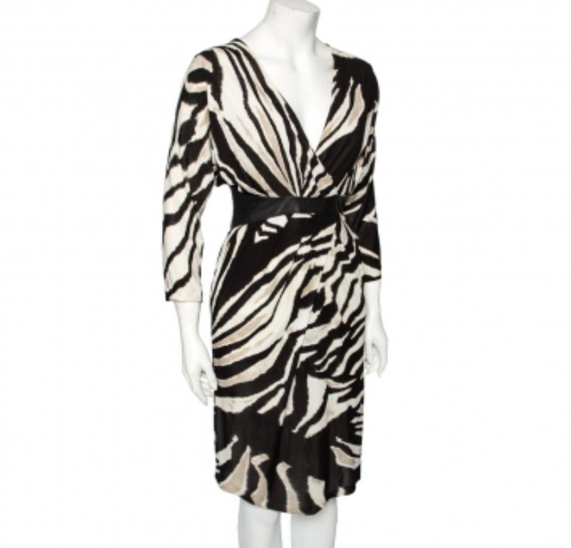 Grigio Roberto Cavalli Vestito monocromatico in jersey stampato e pelle con dettagli drappeggiati S in vendita