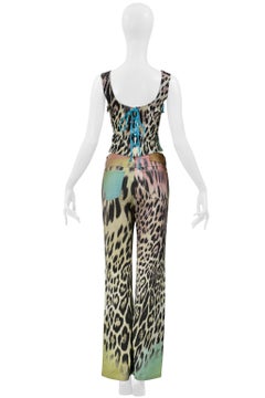 Roberto Cavalli Multi Color Leopard Print Corset And Denim Pants Ensemble