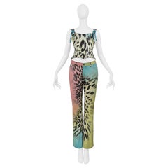 Roberto Cavalli Ensemble aus Korsett und Denim-Hose mit mehrfarbigem Leopardenmuster und Denim