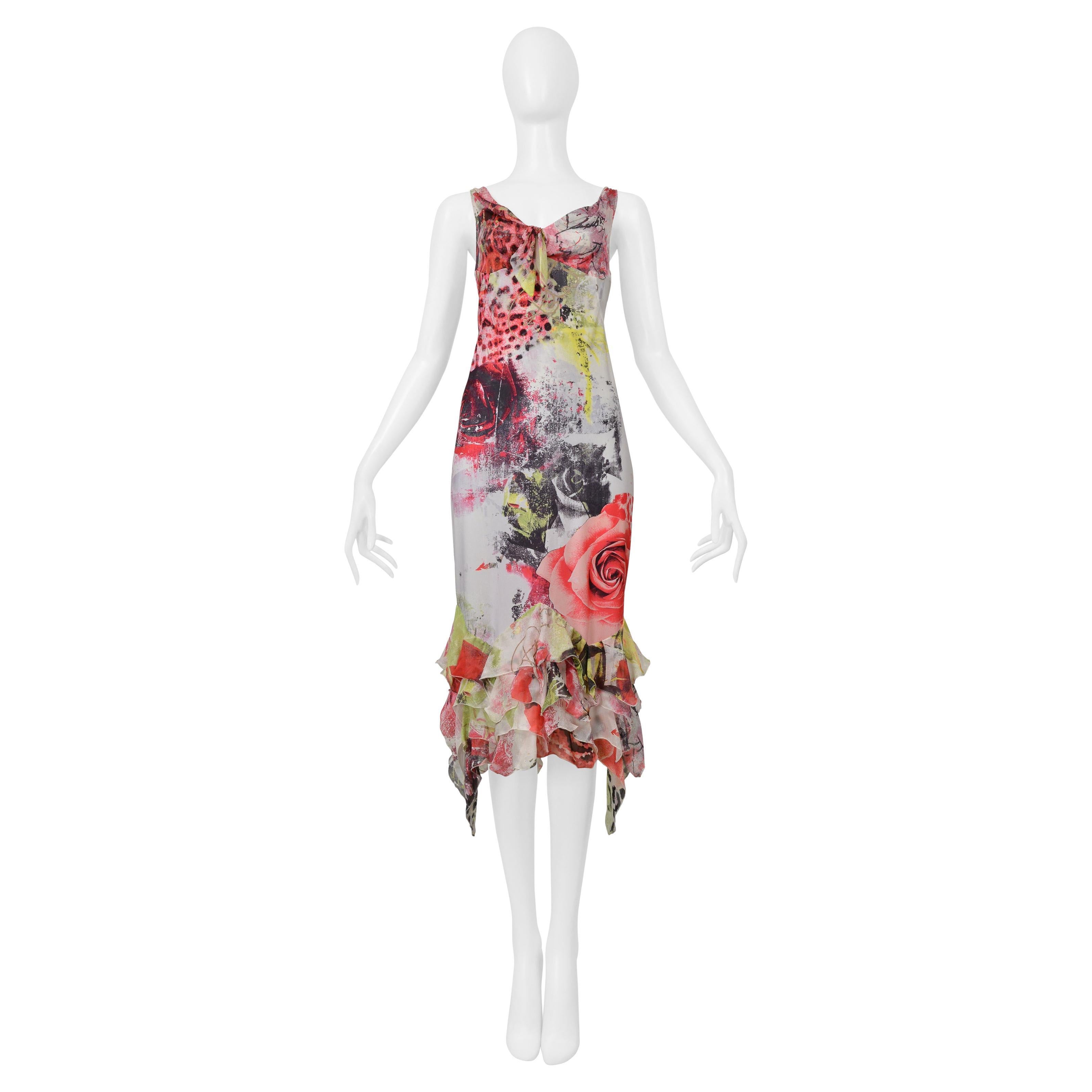 Roberto Cavalli Mehrfarbiges Rosa- und Leoparden-Graffitikleid mit Rüschen 2000
