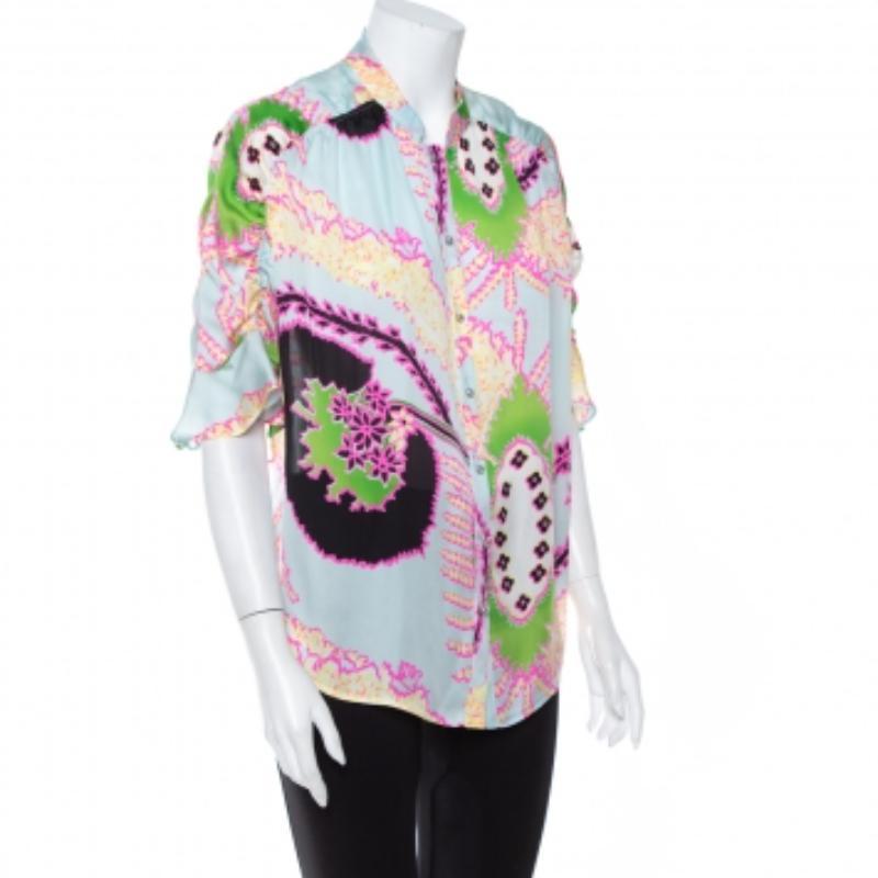Gray Roberto Cavalli Multicolor Abstract Printed Silk Ruffle Sleeve Blouse L For Sale