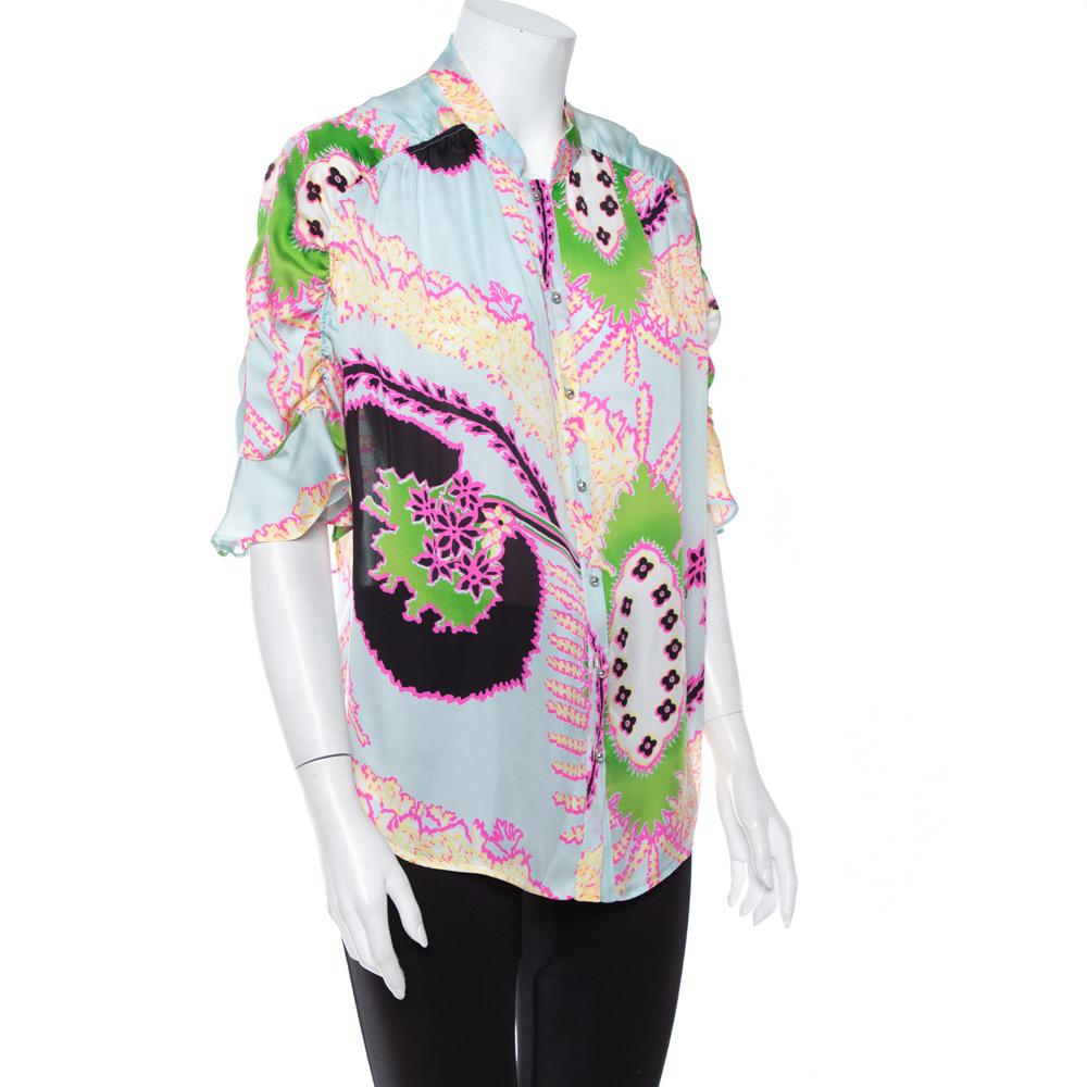 Gray Roberto Cavalli Multicolor Abstract Printed Silk Ruffle Sleeve Blouse L For Sale