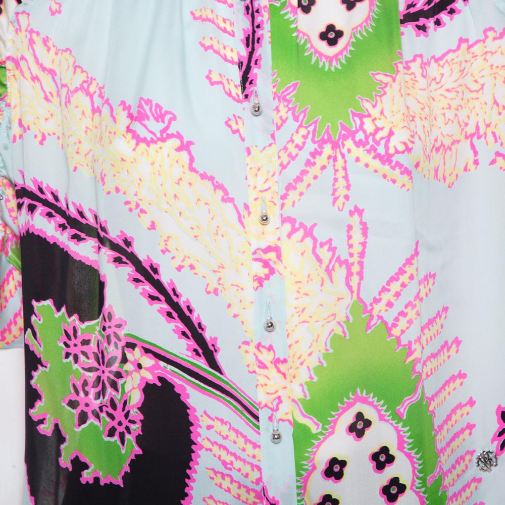 Roberto Cavalli Multicolor Abstract Printed Silk Ruffle Sleeve Blouse L In Good Condition For Sale In Dubai, Al Qouz 2