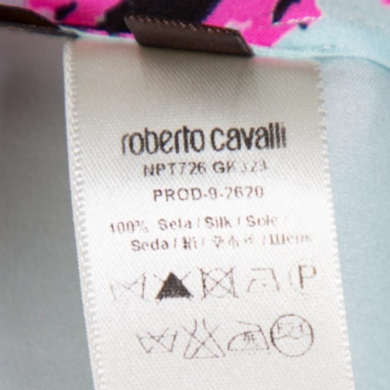 Women's Roberto Cavalli Multicolor Abstract Printed Silk Ruffle Sleeve Blouse L For Sale