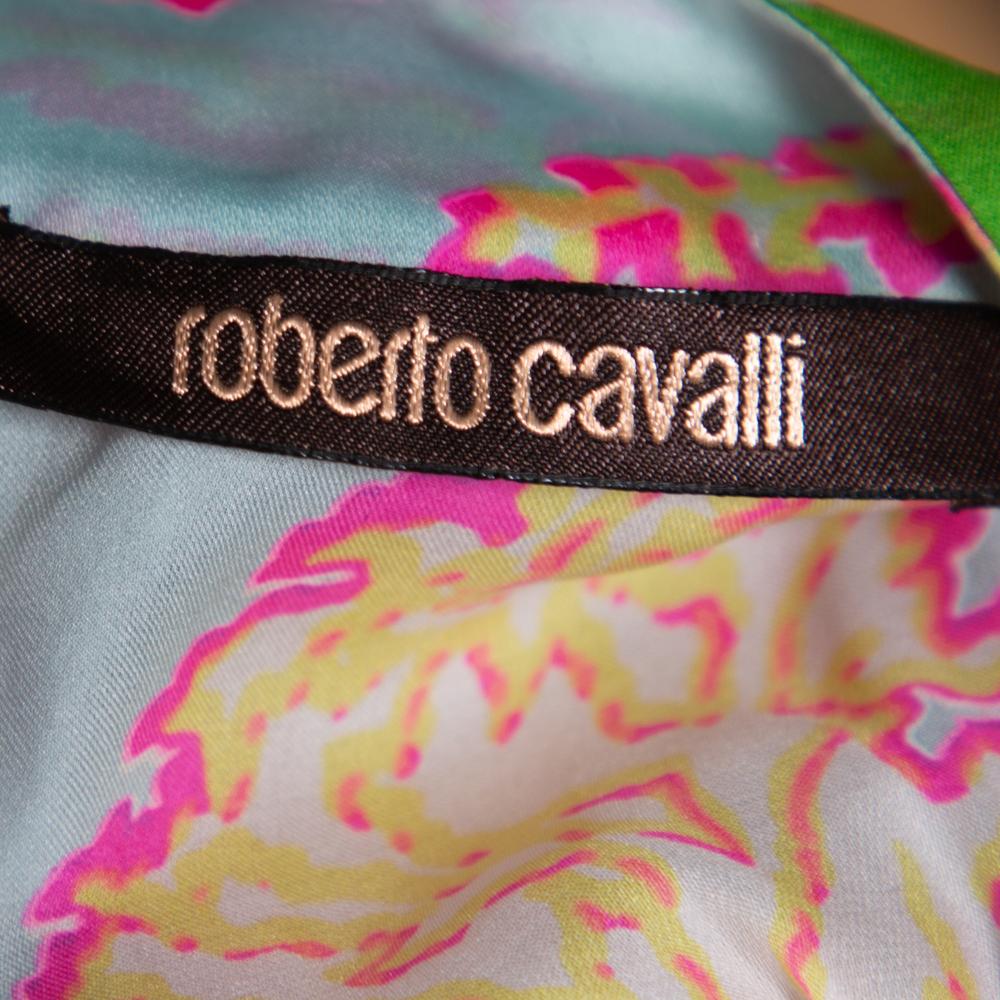 Roberto Cavalli Multicolor Abstract Printed Silk Ruffle Sleeve Blouse L For Sale 1