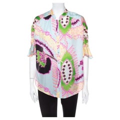 Roberto Cavalli Multicolor Abstract Printed Silk Ruffle Sleeve Blouse L