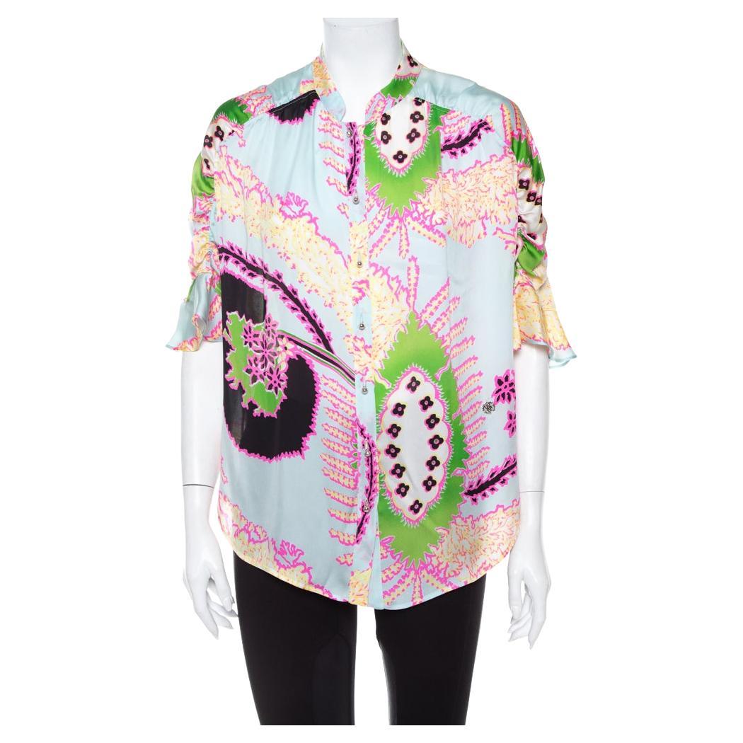 Roberto Cavalli Multicolor Abstract Printed Silk Ruffle Sleeve Blouse L For Sale