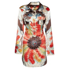 Roberto Cavalli Multicolor Bejeweled Feather Print Silk Tunic L