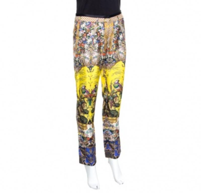 Beige Roberto Cavalli - Pantaloni in seta stampati con uccelli e fiori multicolore - S in vendita