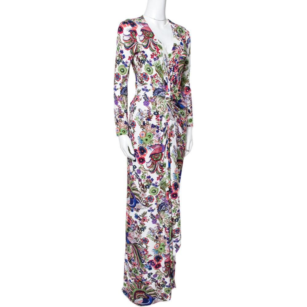 Gray Roberto Cavalli Multicolor Floral Print Crepe Gathered Maxi Dress S