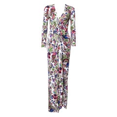 Roberto Cavalli Multicolor Floral Print Crepe Gathered Maxi Dress S