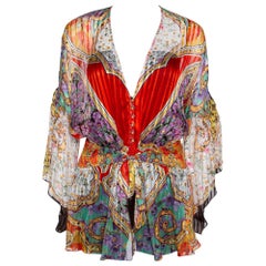 Roberto Cavalli Multicolor Floral Print Silk Smocked Sheer Blouse L