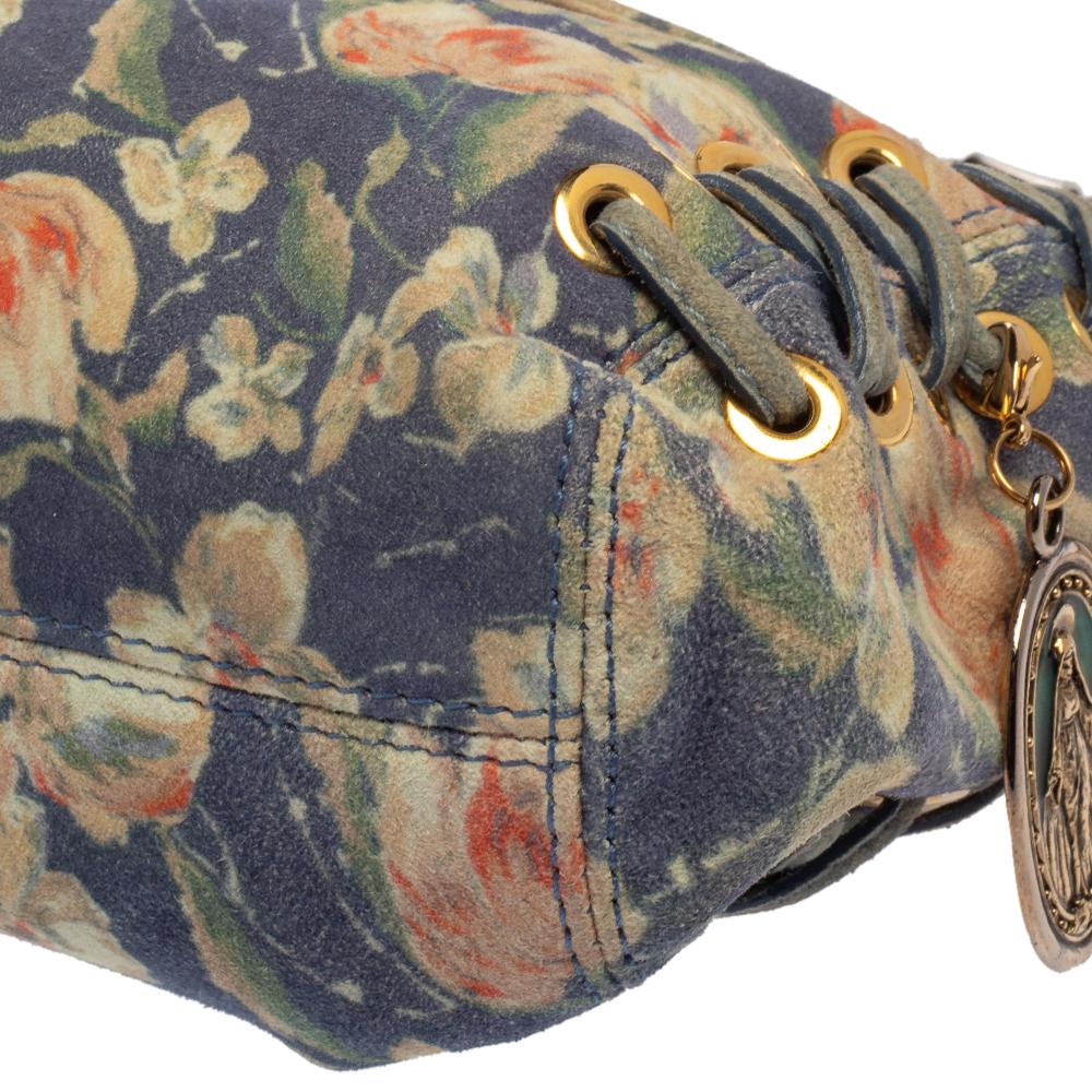 Roberto Cavalli Multicolor Floral Print Suede Turnlock Flap Shoulder Bag 1