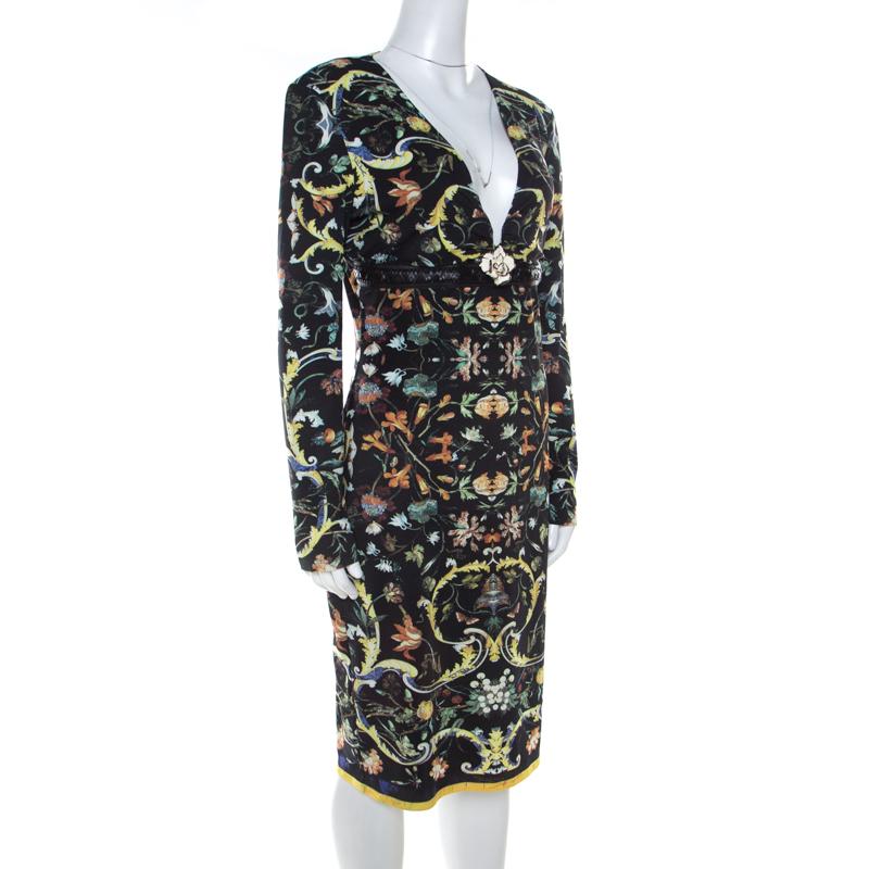 Black Roberto Cavalli Multicolor Floral Printed Jersey Leather Trim Detail Midi Dress 
