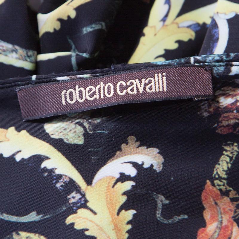 Roberto Cavalli Multicolor Floral Printed Jersey Leather Trim Detail Midi Dress  In Good Condition In Dubai, Al Qouz 2