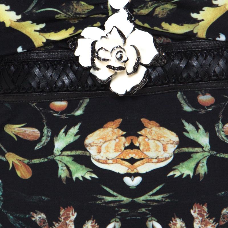 Women's Roberto Cavalli Multicolor Floral Printed Jersey Leather Trim Detail Midi Dress 