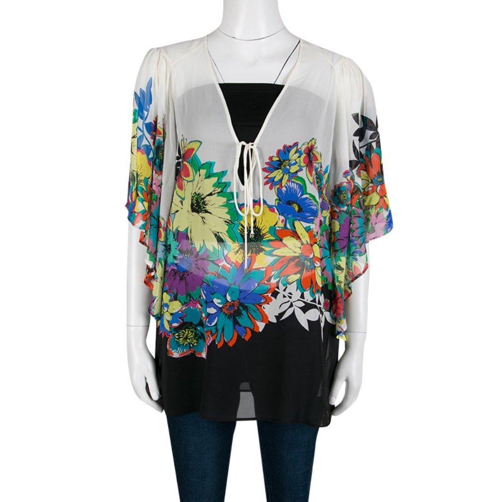 Gray Roberto Cavalli Multicolor Floral Printed Silk Kaftan Top S