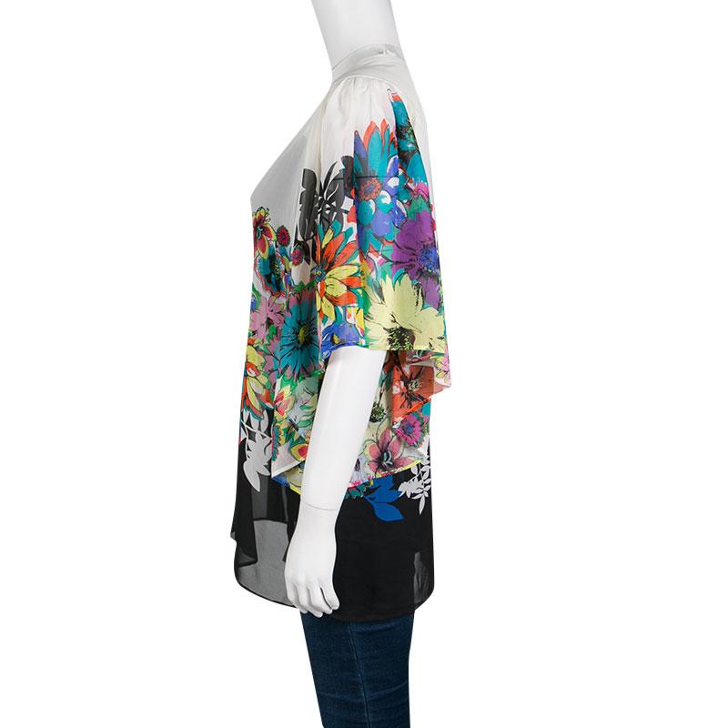 Gray Roberto Cavalli Multicolor Floral Printed Silk Kaftan Top S For Sale