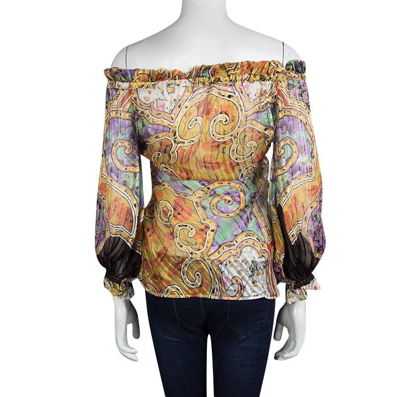 Brown Roberto Cavalli Multicolor Floral Printed Silk Sheer Long Sleeve Blouse S